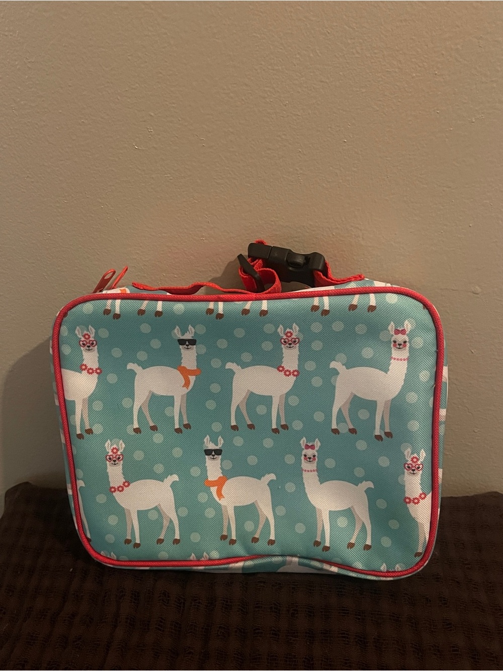 Cute Llama Print Lunch Bag - Teal with Red Trim
